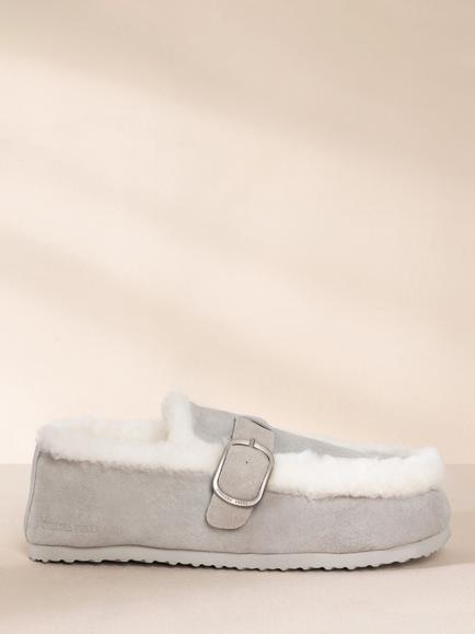 Chelsea Peers Suede Cowhide Buckle Detail Moccasin Slippers, Grey