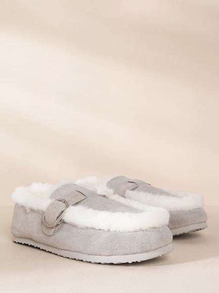 Chelsea Peers Suede Cowhide Buckle Detail Moccasin Slippers - view 2, Grey