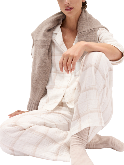 The White Company Double Cotton Highland Check Drop Shoulder Pyjama Set, White/Neutral - view 2, White/Neutral