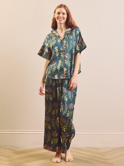 Their Nibs Oversized Autumn Floral Long Satin Pyjama Set, Emerald, Emerald