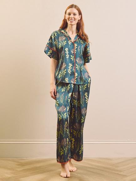 Their Nibs Oversized Autumn Floral Long Satin Pyjama Set, Emerald - view 2, Emerald