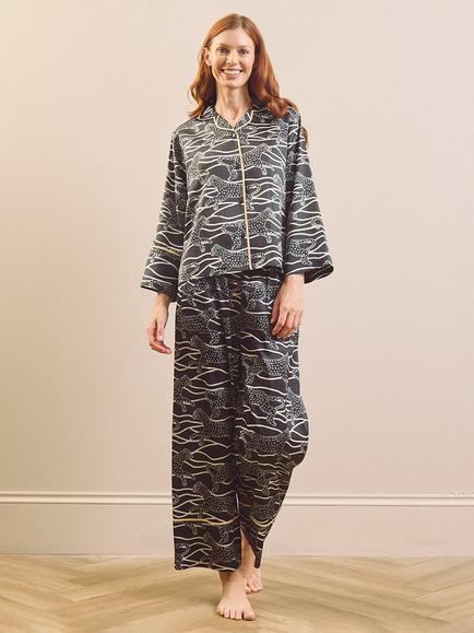 Their Nibs Moving Cheetah Button Through Long Satin Pyjama Set, Black, Black