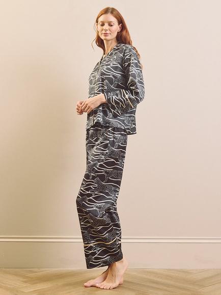 Their Nibs Moving Cheetah Button Through Long Satin Pyjama Set, Black - view 2, Black
