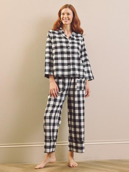 Their Nibs Button Through Long Check Cotton Pyjama Set, Black, Black