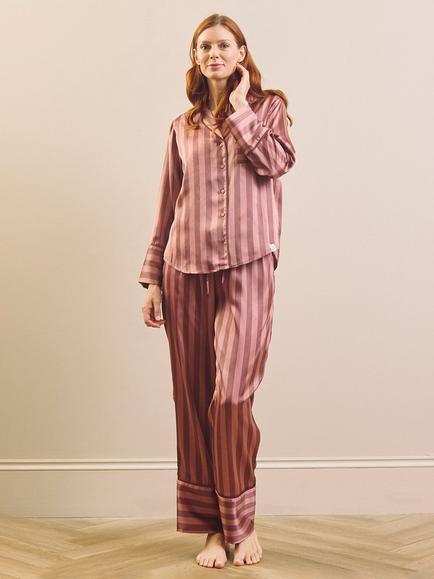 Their Nibs Dusky Mauve Stripe Button Through Long Satin Pyjama Set, Mauve, Mauve
