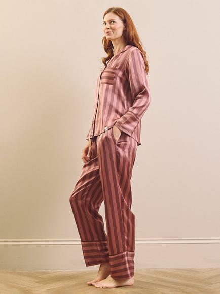 Their Nibs Dusky Mauve Stripe Button Through Long Satin Pyjama Set, Mauve - view 2, Mauve