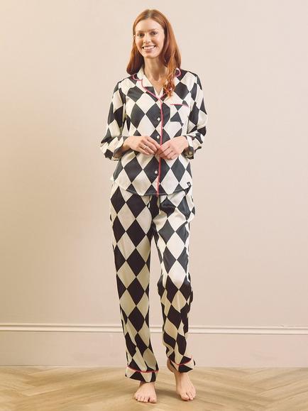 Their Nibs Liquorice Harlequin Long Satin Pyjama Set, Black, Black