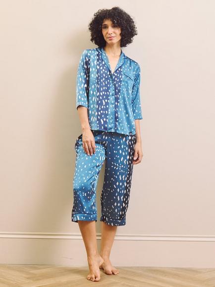Their Nibs Midnight Fawn Capri Satin Pyjama Set, Blue - view 2, Blue
