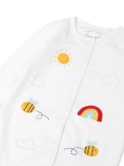 Frugi Baby Buzzy Bee Babygrow, Soft White/Buzzy Bee - view 2, Soft White/Buzzy Bee