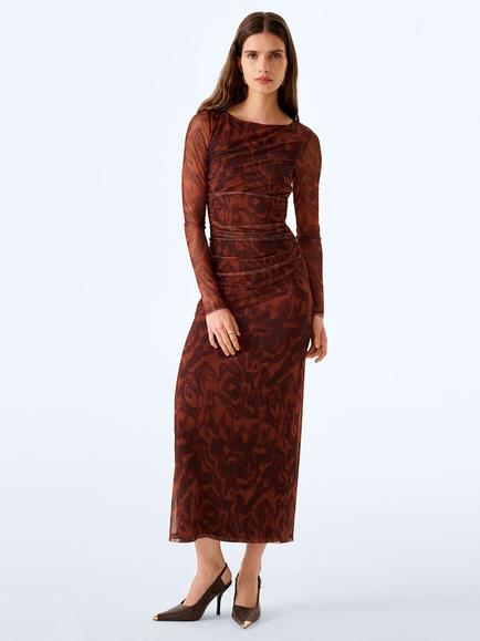 OMNES Hollis Sheer Sleeve Maxi Dress, Woodgrain Print, Woodgrain Print