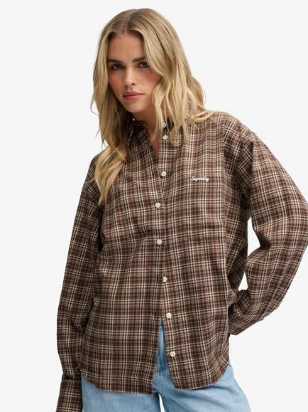 Superdry Check Flannel Relaxed Shirt, Chestnut Brown, Chestnut Brown