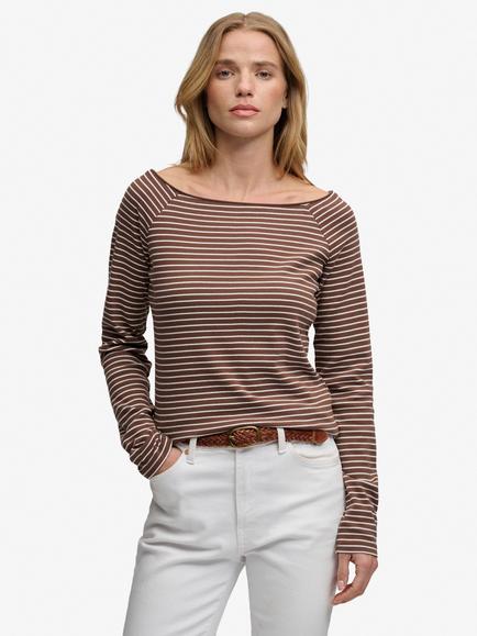 Superdry Striped Bardot Off Shoulder Top, Chestnut Brown, Chestnut Brown