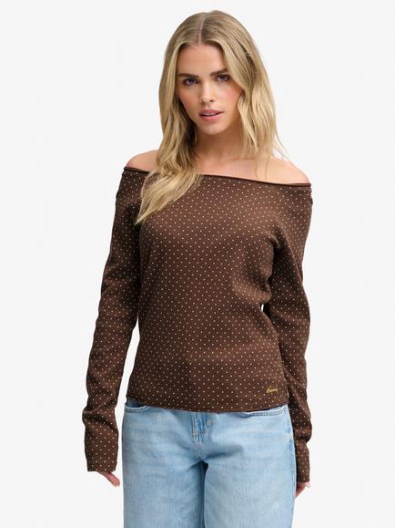 Superdry Polka Dot Bardot Off Shoulder Top, Chestnut Brown, Chestnut Brown