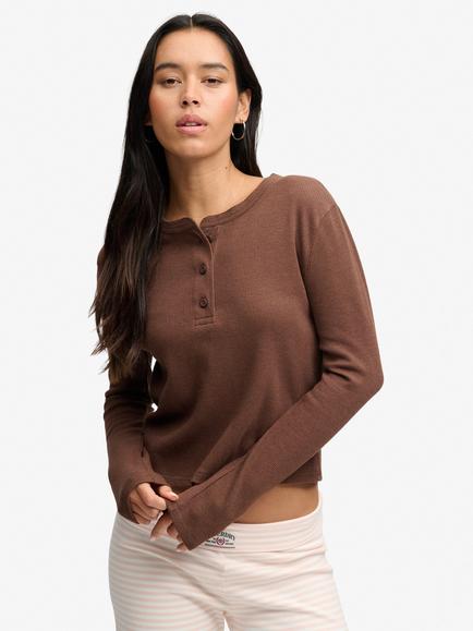 Superdry Athletic Essential Waffle Button Long Sleeve Top, Chestnut Brown Marl, Chestnut Brown Marl