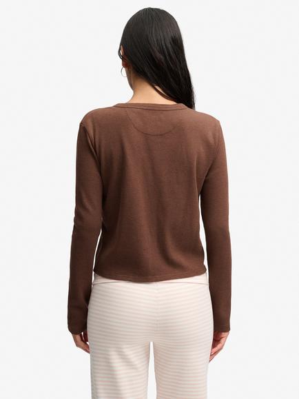 Superdry Athletic Essential Waffle Button Long Sleeve Top, Chestnut Brown Marl - view 2, Chestnut Brown Marl
