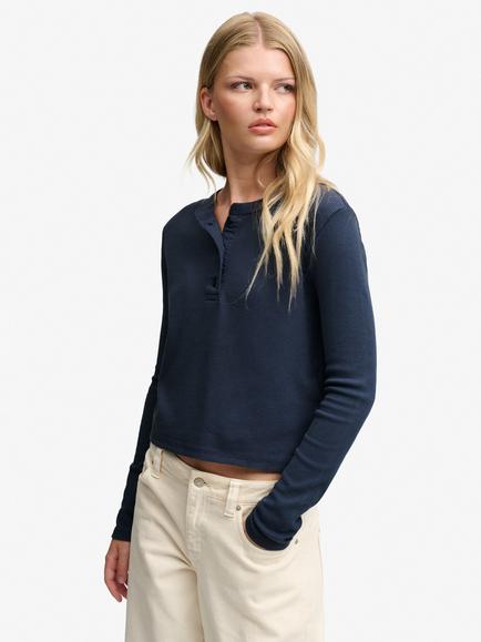 Superdry Athletic Essential Waffle Button Long Sleeve Top, Standard Navy, Standard Navy