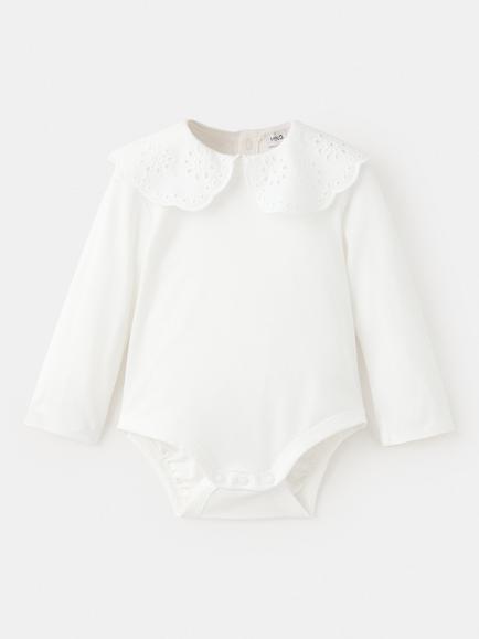 Mango Baby Embroidered Peter Pan Collar Bodysuit, Off White, Off White