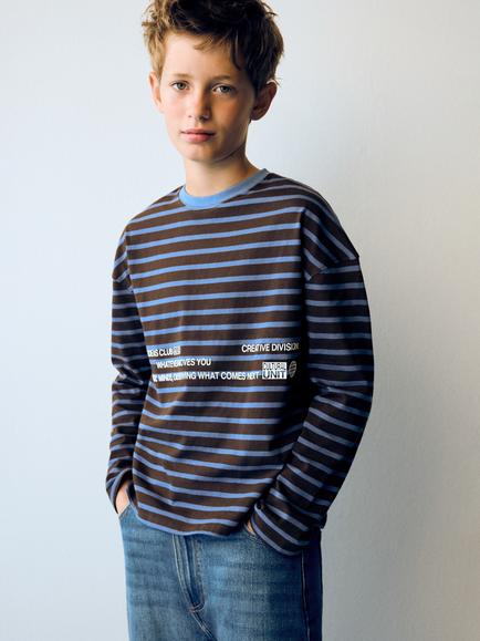 Mango Kids' Long Sleeve Crew Neck Stripe Top, Chocolate, Chocolate