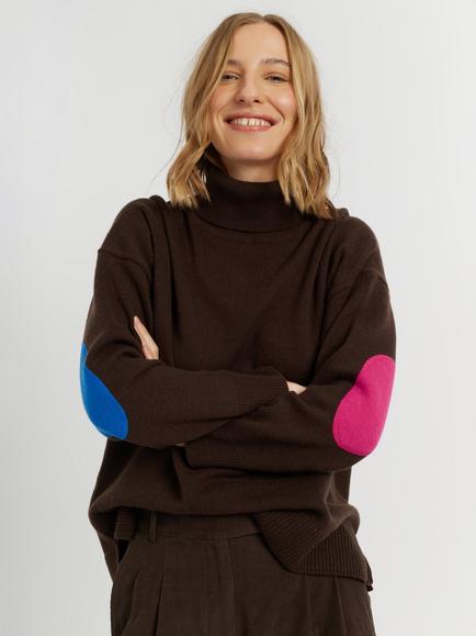 Chinti & Parker Wool-Cashmere Elbow Patch Roll Neck Jumper, Chocolate, Chocolate