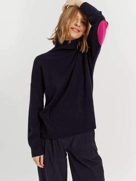 Chinti & Parker Wool-Cashmere Elbow Patch Roll Neck Jumper, Navy/Blue/Pink, Navy/Blue/Pink