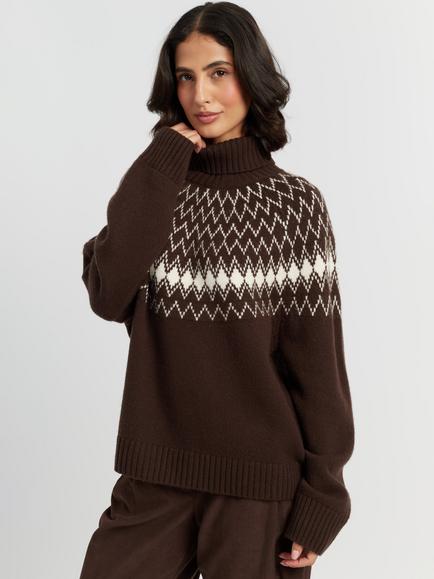 Chinti & Parker Wool-Cashmere Fair Isle Roll Neck Jumper, Chocolate, Chocolate
