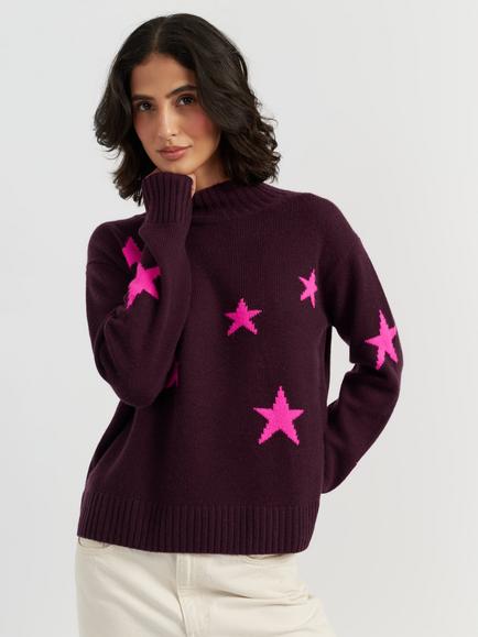 Chinti & Parker Star Roll Neck Wool Jumper, Aubergine, Aubergine