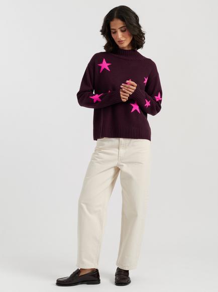 Chinti & Parker Star Roll Neck Wool Jumper, Aubergine - view 2, Aubergine