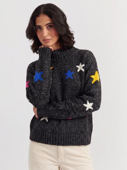 Chinti & Parker Star Roll Neck Wool Jumper, Black/Multi, Black/Multi