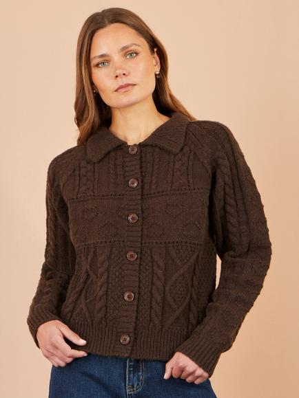 Yumi Cable Knit Cardigan Jacket, Brown, Brown
