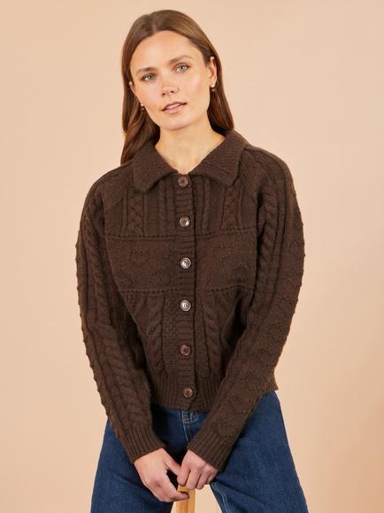 Yumi Cable Knit Cardigan Jacket, Brown - view 2, Brown