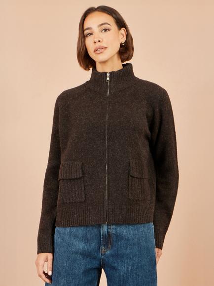 Yumi Zip Up High Neck Cardigan, Brown, Brown