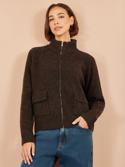 Yumi Zip Up High Neck Cardigan, Brown - view 2, Brown