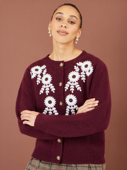 Yumi Floral Embroidered Cardigan, Burgundy, Burgundy
