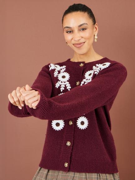 Yumi Floral Embroidered Cardigan, Burgundy - view 2, Burgundy