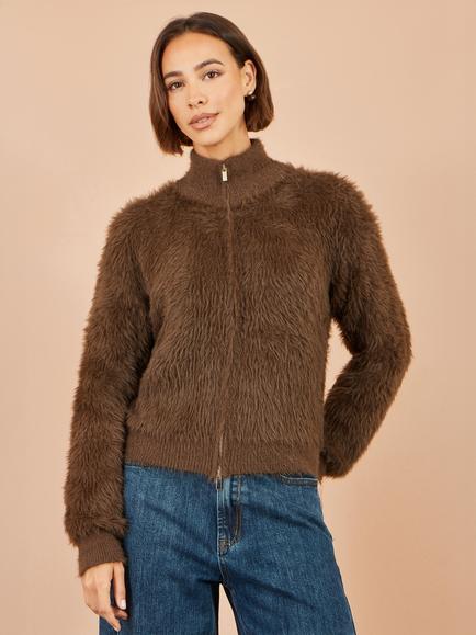 Yumi Eyelash Zip Knitted Jacket, Brown, Brown