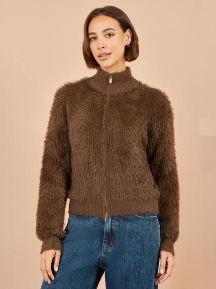 Yumi Eyelash Zip Knitted Jacket, Brown - view 2, Brown