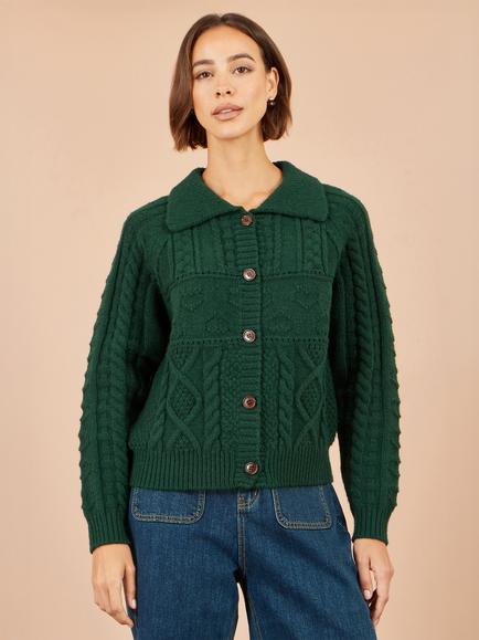 Yumi Cable Knit Boxy Cardigan Jacket, Green, Green