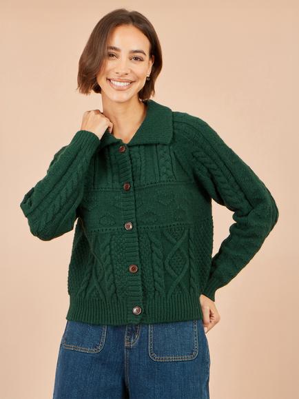 Yumi Cable Knit Boxy Cardigan Jacket, Green - view 2, Green