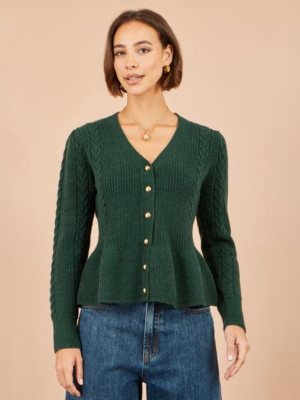 Yumi Cable Knit Peplum Cardigan, Green, Green