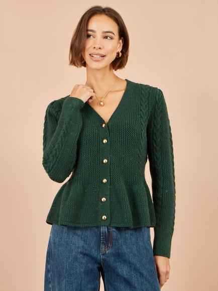 Yumi Cable Knit Peplum Cardigan, Green - view 2, Green