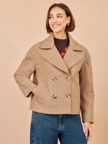 Yumi Boxy Cropped Double Breasted Jacket, Beige, Beige