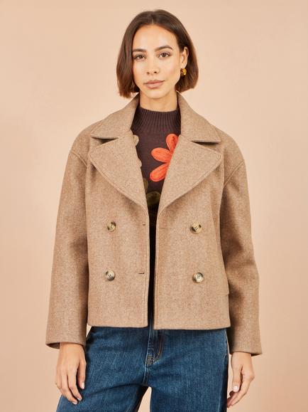 Yumi Boxy Cropped Double Breasted Jacket, Beige - view 2, Beige