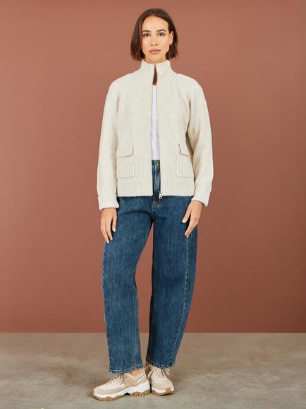 Yumi Zip Through Cardigan, Oatmeal - view 2, Oatmeal
