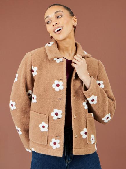 Yumi Daisy Fleece Button Front Jacket, Brown