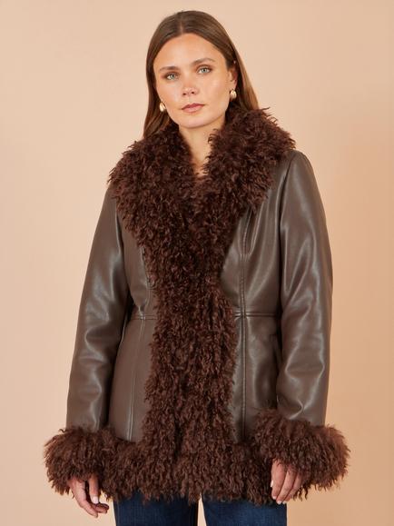 Yumi Leather Look Faux Fur Trim Jacket, Brown, Brown