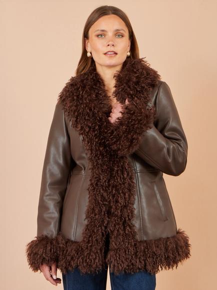 Yumi Leather Look Faux Fur Trim Jacket, Brown - view 2, Brown