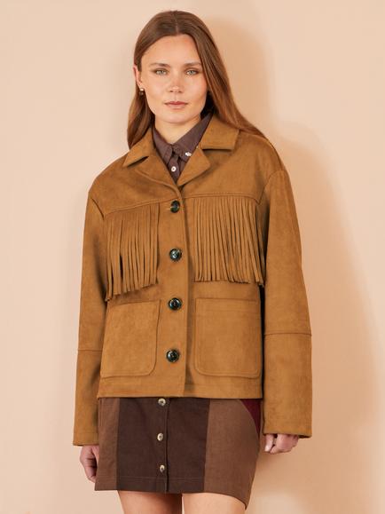 Yumi Faux Suede Tassel Jacket, Brown - view 2, Brown