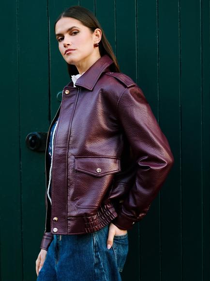 Yumi Faux Leather Bomber Jacket, Burgundy, Burgundy