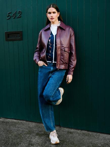 Yumi Faux Leather Bomber Jacket, Burgundy - view 2, Burgundy