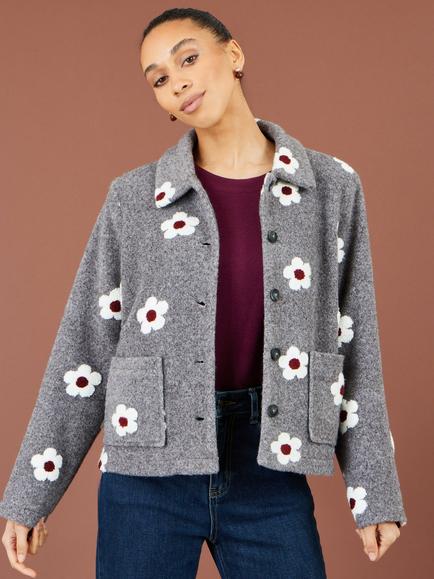 Yumi Embroidered Daisy Fleece Jacket, Grey, Grey